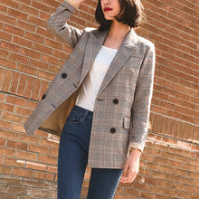 Load image into Gallery viewer, Vintage Double Breasted Plaid Women Blazer Pockets Jackets Female Retro Suits Coat